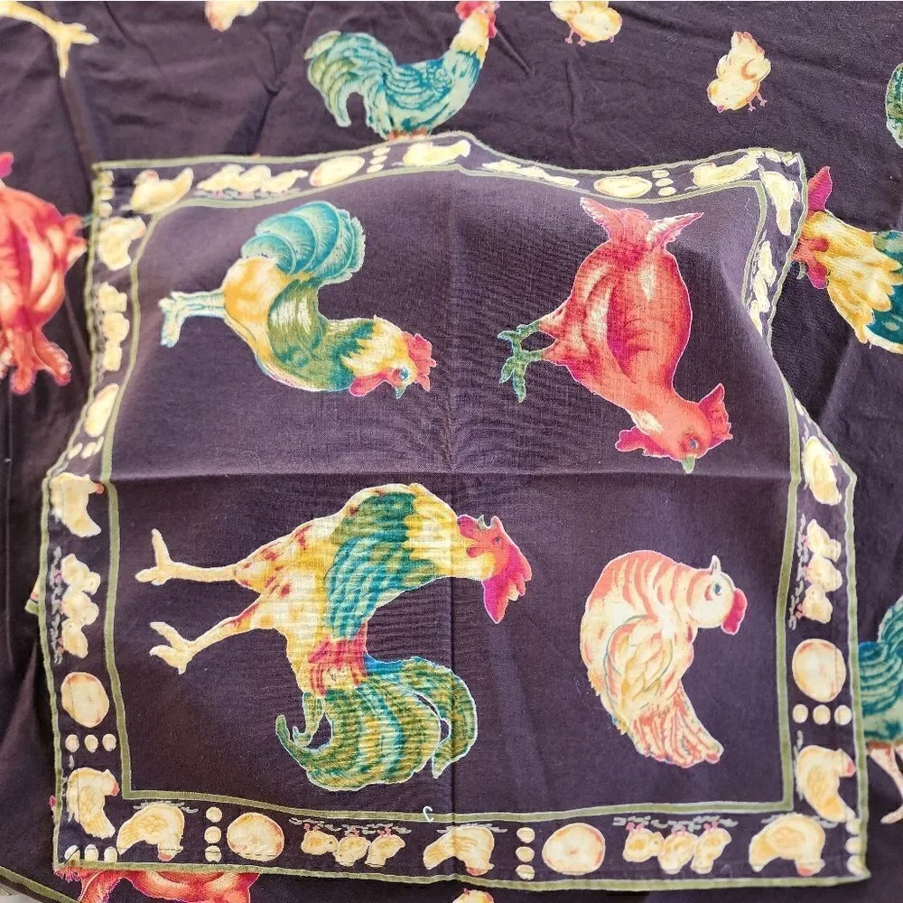 April Cornell Farm House Chicken & Rooster Tablecloth Napkins Chocolate Brown